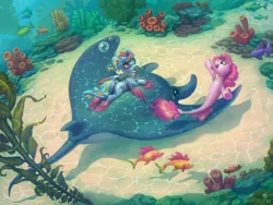 Size: 4000x3000 | Tagged: safe, artist:gor1ck, derpibooru import, pinkie pie, oc, oc:siriusnavigator, alicorn, crab, fish, pony, seapony (g4), commission, diving, duo, flippers (gear), image, jpeg, manta ray, scuba gear, seaweed, solo, swimming, underwater, water, ych result