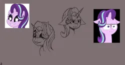 Size: 1152x600 | Tagged: safe, artist:rookiecookie, derpibooru import, starlight glimmer, pony, unicorn, :i, doodle, face, female, i mean i see, image, png, practice, simple background, sketch