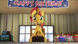 Size: 3840x2160 | Tagged: safe, artist:egr1n, derpibooru import, sunset shimmer, pony, unicorn, 3d, 4k, banner, birthday, candle, chair, cup, cupcake, cute, day, female, fire, food, grin, hat, high res, horn, image, looking at you, party hat, pie, png, shimmerbetes, smiling, smiling at you, smirk, solo, solo female, source filmmaker, sun, table, teacup, wallpaper, window