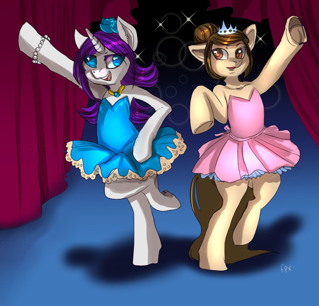 Size: 801x768 | Tagged: safe, artist:php154, artist:trojan-pony, derpibooru import, rarity, oc, oc:louvely, earth pony, unicorn, alternate hairstyle, ballerina, ballet, bipedal, clothes, dancing, flower, flower in hair, hair bun, image, jewelry, jpeg, pas de deux, raririna, sapphire eye rarity, stage, tiara, tutu, tutus