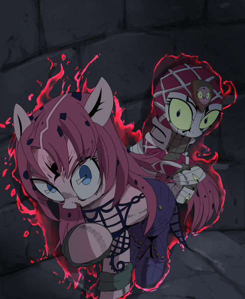 Size: 3000x3659 | Tagged: safe, artist:vultraz, derpibooru import, pinkie pie, ponified, earth pony, pony, alternate hairstyle, aura, clothes, diavolo, female, image, jojo's bizarre adventure, king crimson, looking at you, mare, open mouth, pants, pinktober, png, raised hoof, shoes, stand, wristband