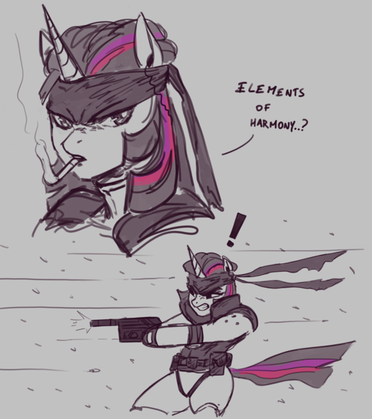 Size: 2202x2480 | Tagged: safe, artist:nire, derpibooru import, twilight sparkle, pony, unicorn, bandana, cigarette, exclamation point, gun, handgun, image, metal gear, metal gear solid, pistol, png, sketch, weapon