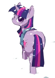 Size: 2894x4093 | Tagged: safe, artist:potetecyu_to, derpibooru import, twilight sparkle, unicorn, bag, butt, image, jpeg, looking at you, looking back, looking back at you, plot, satchel, snow, solo, twibutt, unicorn twilight