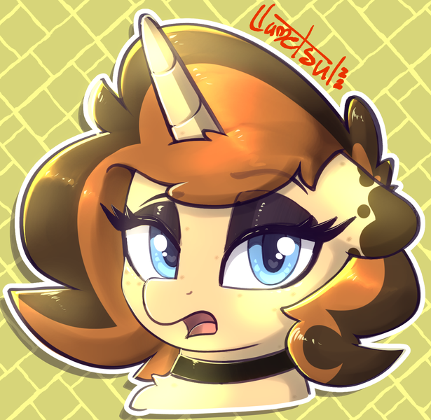 Size: 1443x1407 | Tagged: safe, artist:llametsul, derpibooru import, oc, oc:creme cookie, pony, unicorn, chest fluff, choker, eyeshadow, female, freckles, image, looking at you, makeup, mare, open mouth, png, signature, solo