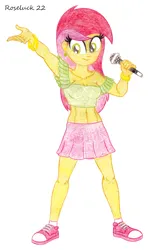 Size: 1150x1920 | Tagged: safe, artist:roseluck, derpibooru import, roseluck, human, equestria girls, abs, alternate hairstyle, bare shoulders, belly button, bracelet, breasts, cleavage, clothes, colored pencil drawing, ear piercing, earring, female, full body, holding, image, jewelry, long hair, looking at you, microphone, midriff, piercing, png, raised arm, shoes, simple background, smiling, smiling at you, sneakers, solo, standing, strapless, traditional art, tube top, white background