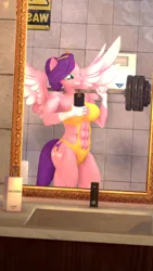 Size: 2160x3840 | Tagged: safe, artist:silkworm205, derpibooru import, pipp, pipp petals, anthro, pegasus, art pack:feel the burn 2022, 3d, abs, bathroom, biceps, big breasts, big grin, breasts, butt, clothes, colored eyebrows, colored wings, crown, exercise, female, g5, grin, gym, image, jewelry, mirror, mirror selfie, mobile phone, muscles, muscular female, one-piece swimsuit, phone, pipp is short, png, pump petals, regalia, revamped anthros, selfie, smiling, solo, solo female, source filmmaker, spread wings, swimsuit, toned, toned female, two toned wings, weight lifting, weights, wide hips, wings