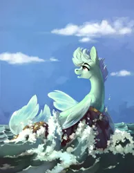 Size: 1939x2500 | Tagged: safe, artist:28gooddays, derpibooru import, oc, unofficial characters only, seapony (g4), cloud, digital art, fin wings, fins, fish tail, flowing tail, high res, image, looking up, ocean, open mouth, png, rock, sky, smiling, solo, tail, water, wings