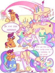 Size: 1536x2048 | Tagged: safe, artist:eucalipt, derpibooru import, princess celestia, scootaloo, alicorn, pegasus, pony, angry, cake, cannon, catapult, comic, commission, do you like bananas?, duo, food, gritted teeth, image, png, pony cannonball, prank, teeth, to the moon