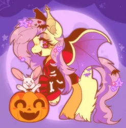 Size: 1276x1292 | Tagged: safe, artist:lavendream-art, derpibooru import, angel bunny, fluttershy, bat pony, pegasus, pony, bat ponified, fangs, female, flutterbat, image, jpeg, mare, pumpkin, race swap, solo