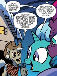 Size: 750x1008 | Tagged: safe, artist:andypriceart, derpibooru import, idw, glitter drops, icy shanks, tempest shadow, dog, earth pony, pony, unicorn, spoiler:comic, dialogue, female, g4, image, jpeg, male, mare, speech bubble, stallion, tempest's tale, trio