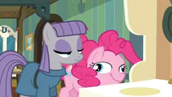 Size: 1000x563 | Tagged: safe, derpibooru import, screencap, maud pie, pinkie pie, earth pony, pony, maud pie (episode), eyes closed, female, great moments in animation, image, mare, mid-blink screencap, png, siblings, sisters, smear frame, solo, wide eyes