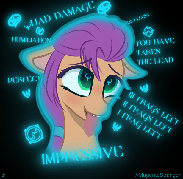 Size: 1475x1440 | Tagged: safe, artist:magentastranger, derpibooru import, sunny starscout, pony, ahegao, crossover, female, g5, image, open mouth, png, quake, quake 3 arena, solo, tongue out