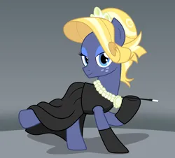 Size: 2268x2048 | Tagged: safe, artist:badumsquish, derpibooru import, star tracker, earth pony, pony, season 6, the gift of the maud pie, alternate hairstyle, audrey hepburn, beautiful, black dress, breakfast at tiffany's, cigarette, cigarette holder, clothes, cosplay, costume, crossdressing, crossplay, derpibooru exclusive, dress, eyeshadow, freckles, gloves, gray background, holly golightly, hoof hold, image, implied rarity, jewelry, looking at you, makeup, male, necklace, outfit catalog, pearl necklace, png, pose, raised hoof, raised leg, sexy, show accurate, simple background, smiling, socks, solo, stallion, starcrossed, tiara