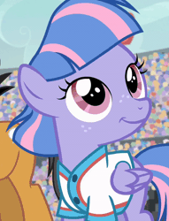 Size: 800x1046 | Tagged: safe, derpibooru import, screencap, quibble pants, wind sprint, earth pony, pegasus, pony, common ground, animated, clothes, cropped, crowd, cute, female, filly, foal, freckles, gif, image, looking around, male, shirt, smiling, solo focus, sprintabetes, stallion, uniform