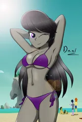 Size: 1668x2496 | Tagged: suggestive, artist:danielitamlp, derpibooru import, octavia melody, equestria girls, armpits, beach, belly button, breasts, busty octavia melody, clothes, female, female focus, image, jpeg, one eye closed, sand, seaside, sexy, signature, smiling, solo, solo female, solo focus, swimsuit, wink