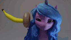 Size: 500x281 | Tagged: suggestive, derpibooru import, izzy moonbow, 3d, animated, banana, blender, donut, eyebrow wiggle, food, g5, gif, image, implied anal, implied sex, innuendo, offscreen character, pov, solo