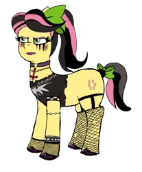 Size: 1364x1645 | Tagged: safe, derpibooru import, posey (g5), pony, alternate hairstyle, bauhaus, bow, chains, choker, clothes, cross, eyeshadow, female, fishnets, g5, goth, gothic, hair bow, hoof polish, image, inverted cross, lipstick, makeup, mare, mascara, png, running makeup, simple background, torn clothes, unamused