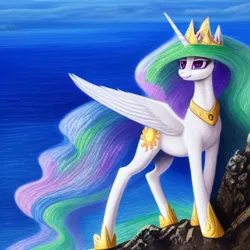 Size: 1024x1024 | Tagged: safe, derpibooru import, editor:dovakkins, machine learning generated, purplesmart.ai, stable diffusion, princess celestia, alicorn, pony, alternate hairstyle, beautiful, cliff, crown, female, g4, image, jewelry, mare, ocean, png, regalia, smiling, solo, water
