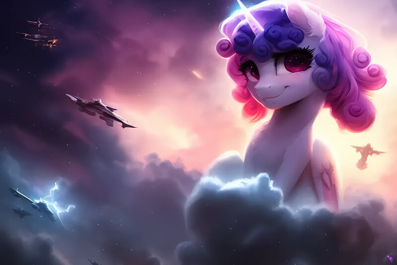 Size: 1536x1024 | Tagged: safe, derpibooru import, machine learning generated, purplesmart.ai, stable diffusion, sweetie belle, alicorn, pony, alicornified, cloud, ear fluff, eyelashes, female, folded wings, glow, glowing horn, horn, image, jpeg, mare, on a cloud, plane, race swap, sitting, sitting on cloud, sky, smiling, solo, sweetiecorn, thunderstorm, watermark, wings, wrong eye color