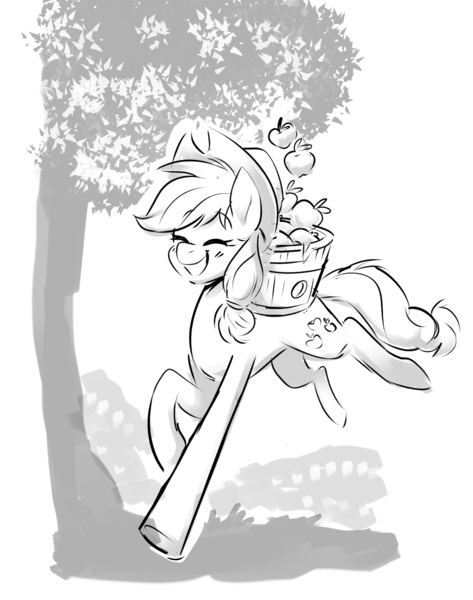 Size: 1273x1614 | Tagged: safe, artist:sketchtablet, derpibooru import, applejack, earth pony, pony, apple, apple tree, barrel, cute, eyes closed, female, food, galloping, grin, image, jackabetes, mare, monochrome, png, smiling, solo, sweet apple acres, tree