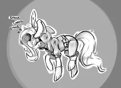 Size: 1295x942 | Tagged: safe, artist:sketchtablet, derpibooru import, fluttershy, pegasus, pony, clothes, costume, dangerous mission outfit, female, goggles, hoodie, image, mare, monochrome, nervous, png, sneaking, solo, sweat