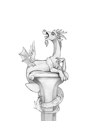 Size: 1447x1817 | Tagged: safe, artist:sketchtablet, derpibooru import, discord, draconequus, image, male, monochrome, pedestal, png, pose, solo, statue