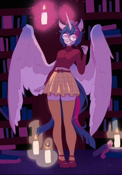 Size: 1431x2048 | Tagged: safe, artist:lanabeerawr, derpibooru import, twilight sparkle, twilight sparkle (alicorn), alicorn, anthro, plantigrade anthro, candle, clothes, ear piercing, earring, glasses, image, jewelry, jpeg, levitation, looking at you, magic, midriff, piercing, short skirt, skirt, smiling, smiling at you, socks, solo, spread wings, sweater, telekinesis, thigh highs, turtleneck, wings