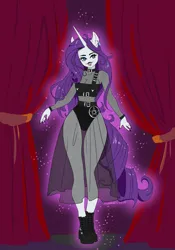 Size: 1431x2048 | Tagged: safe, artist:lanabeerawr, derpibooru import, rarity, anthro, plantigrade anthro, unicorn, boots, breasts, choker, cleavage, clothes, curtains, dress, ear piercing, earring, fishnets, image, jewelry, jpeg, lidded eyes, looking at you, piercing, raspberry, see-through, shoes, tongue out, tongue piercing