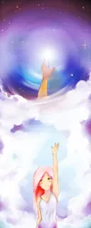 Size: 600x1500 | Tagged: safe, artist:derpiihooves, derpibooru import, fluttershy, human, clothes, cloud, dress, female, humanized, image, png, reaching, sky, smiling, solo, stars, sundress