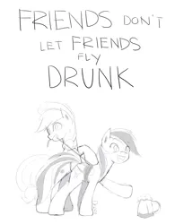 Size: 780x1000 | Tagged: safe, artist:derpiihooves, derpibooru import, applejack, rainbow dash, earth pony, pegasus, pony, blushing, bound wings, cider mug, cute, dashabetes, drunk, duo, eyes on the prize, female, flying while under the influence, gritted teeth, image, mare, mouth hold, mug, png, public service announcement, reaching, rearing, restrained, rope, simple background, sketch, smiling, teeth, text, wings