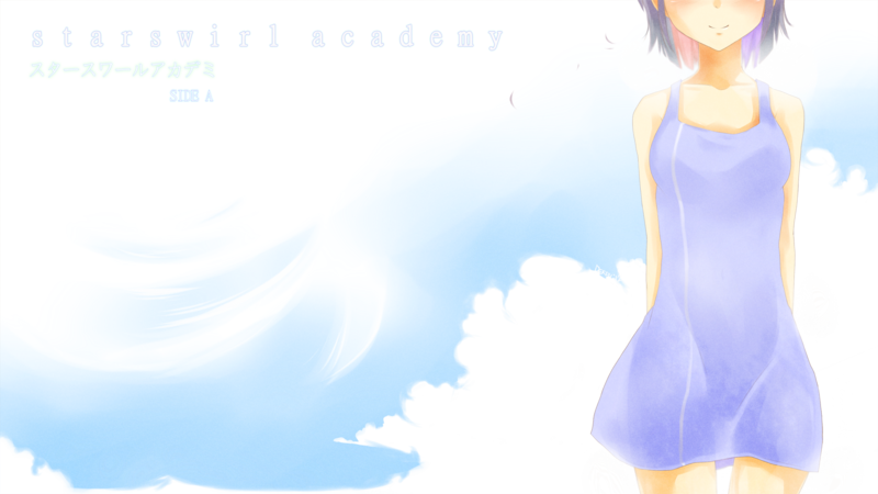 Size: 1920x1080 | Tagged: safe, artist:derpiihooves, derpibooru import, twilight sparkle, human, clothes, cloud, dress, female, hands behind back, head out of frame, humanized, image, png, sky, smiling, solo, standing, starswirl academy, sundress, tai saito, visual novel, wallpaper