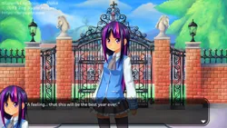 Size: 1280x720 | Tagged: safe, artist:bloo-ocean, artist:derpiihooves, artist:semehammer, derpibooru import, screencap, twilight sparkle, human, clothes, concept art, female, humanized, image, png, school uniform, solo, starswirl academy, starswirl academy uniform, tai saito, visual novel