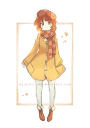 Size: 900x1273 | Tagged: safe, artist:derpiihooves, derpibooru import, oc, oc:autumn aria, human, clothes, coat, female, freckles, grin, hat, humanized, humanized oc, image, looking at you, png, scarf, simple background, smiling, solo, standing, white background, winter outfit