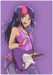 Size: 2480x3507 | Tagged: safe, artist:derpiihooves, derpibooru import, twilight sparkle, human, abstract background, april fools, armband, canter girls, clothes, cute, cute little fangs, dark skin, electric guitar, fangs, female, guitar, high res, humanized, image, jeans, musical instrument, open mouth, pants, png, ripped jeans, ripped pants, smiling, solo, starswirl academy, tai saito, tanktop, torn clothes