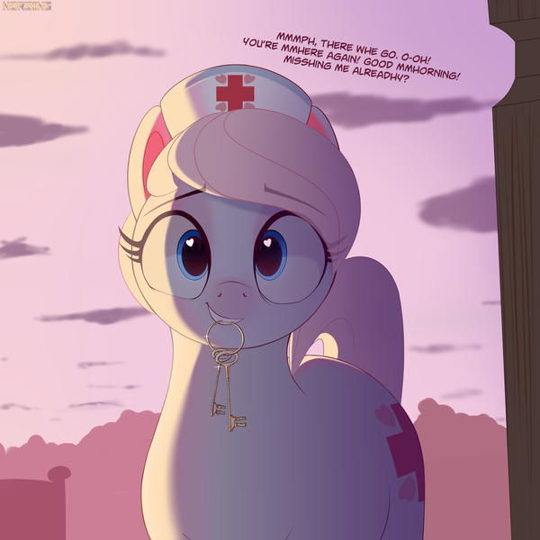 Size: 3000x3000 | Tagged: safe, artist:nording34, derpibooru import, nurse redheart, earth pony, pony, cute, dialogue, female, image, key, looking at you, mare, mouth hold, png, smiling, solo, speech, talking, text