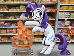 Size: 2720x2048 | Tagged: safe, artist:phutashi, derpibooru import, rarity, pony, unicorn, bipedal, bipedal leaning, bread, female, food, grocery store, image, irl, jpeg, leaning, looking around, mare, nervous, photo, ponies in real life, rolls, shopping, shopping cart, solo
