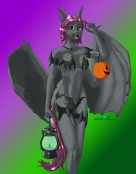 Size: 1006x1280 | Tagged: suggestive, artist:thunderblitz1, derpibooru import, oc, oc:dusk eclipse, bat pony, bikini, breasts, clothes, cute, fangs, female, green eyes, halloween, holiday, image, jpeg, lantern, pink hair, pumpkin, skimpy, swimsuit, wings