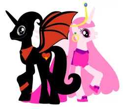 Size: 2992x2644 | Tagged: safe, artist:nathaniel718, derpibooru import, alicorn, pony, adventure time, business suit, cartoon network, clothes, crown, dress, ear piercing, earring, female, image, jewelry, looking at you, male, mare, nergal, nergal and princess bubblegum, piercing, png, princess bubblegum, regalia, shoes, stallion, the grim adventures of billy and mandy