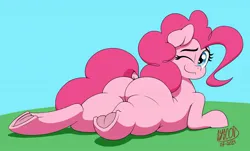 Size: 2150x1297 | Tagged: suggestive, artist:syscod, derpibooru import, pinkie pie, earth pony, pony, 2019, balloonbutt, butt, dock, fat, female, huge butt, image, jpeg, large butt, looking at you, looking back, looking back at you, lying down, mare, old art, one eye closed, plot, prone, pudgy pie, smiling, solo, tail, the ass was fat, underhoof, wink