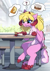 Size: 2480x3508 | Tagged: safe, artist:arctic-fox, derpibooru import, oc, oc:radelia van heleidon, unofficial characters only, dracony, dragon, hybrid, cake, cheese, cheesecake, confused, food, image, jpeg, question mark, solo, strawberry, thought bubble