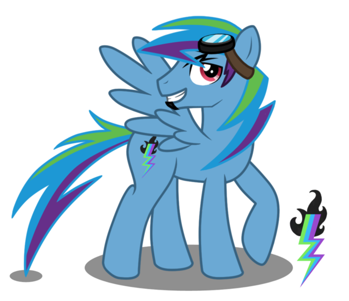 Size: 900x777 | Tagged: safe, artist:lugiaangel, derpibooru import, oc, oc:lightning blitz, unofficial characters only, pegasus, pony, cutie mark, goggles, goggles on head, grin, image, male, png, raised hoof, simple background, smiling, solo, spread wings, stallion, transparent background, wings