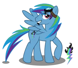 Size: 900x777 | Tagged: safe, artist:lugiaangel, derpibooru import, oc, oc:lightning blitz, unofficial characters only, pegasus, pony, cutie mark, goggles, goggles on head, grin, image, male, png, raised hoof, simple background, smiling, solo, spread wings, stallion, transparent background, wings