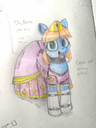 Size: 2351x3135 | Tagged: safe, artist:syndyfon, derpibooru import, oc, oc:princess elonrie, unofficial characters only, earth pony, animatronic, five nights at freddy's, image, jpeg, solo, tongue out, traditional art