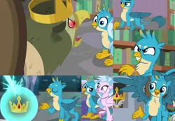 Size: 2000x1380 | Tagged: safe, derpibooru import, edit, edited screencap, screencap, gallus, king grover, silverstream, bird, classical hippogriff, crow, gryphon, hippogriff, a matter of principals, school raze, season 8, spoiler:s08, 3d, book, bookshelf, crown, crown of grover, image, jewelry, png, proud, regalia