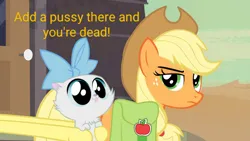 Size: 800x450 | Tagged: suggestive, derpibooru import, edit, edited screencap, editor:i-shooped-a-pwny, screencap, applejack, fluttershy, mitsy, cat, earth pony, pony, may the best pet win, season 2, the last roundup, applebutt, applejack is not amused, applejack's hat, bag, butt, cowboy hat, female, hat, image, kitten, looking at you, mare, plot, png, saddle bag, tongue out, unamused, we don't normally wear clothes, wordplay