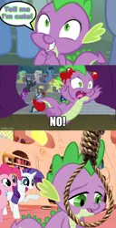 Size: 500x979 | Tagged: semi-grimdark, edit, edited screencap, ponerpics import, ponybooru import, screencap, berry punch, berryshine, blues, coco crusoe, dark moon, fancypants, fleur-de-lis, graphite, junebug, millie, noteworthy, pinkie pie, princess luna, rainbow stars, rainbowshine, rarity, spike, sunshower raindrops, alicorn, dragon, earth pony, pegasus, pony, unicorn, horse play, it ain't easy being breezies, abuse, booing, denied, female, food, golden oaks library, hug request, image, imgflip, imminent death, imminent suicide, implied hanging, laughing, library, male, mare, moral event horizon, noose, out of character, pinkie prick, png, raised hoof, raised leg, raribitch, rope, sad, smiling, speech bubble, spikeabuse, stage, suicide, tomato, tomatoes, wall of tags