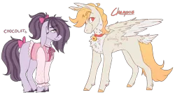 Size: 3000x1633 | Tagged: safe, artist:eggoatt, oc, oc:champion, oc:chocolat, unofficial characters only, earth pony, pegasus, pony, bow, clothes, collar, ear piercing, earring, floppy ears, image, jewelry, male, males only, piercing, png, ponytail, simple background, stallion, tail bow, transparent background, trap, unshorn fetlocks