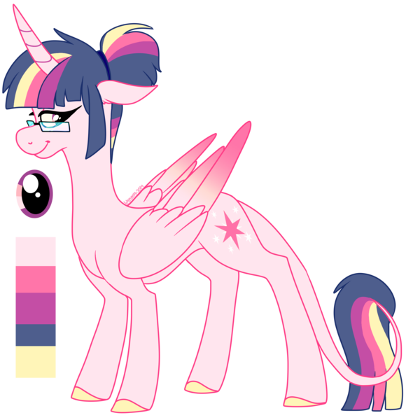 Size: 2000x2000 | Tagged: safe, artist:puppythekat (sofurry), derpibooru import, twilight sparkle, twilight sparkle (alicorn), alicorn, pony, alternate universe, colored hooves, colored wings, female, glasses, gradient wings, image, leonine tail, lidded eyes, mare, png, redesign, reference sheet, simple background, smiling, solo, tail, transparent background, wings