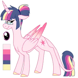 Size: 2000x2000 | Tagged: safe, artist:puppythekat (sofurry), derpibooru import, twilight sparkle, twilight sparkle (alicorn), alicorn, pony, alternate universe, colored hooves, colored wings, female, glasses, gradient wings, image, leonine tail, lidded eyes, mare, png, redesign, reference sheet, simple background, smiling, solo, tail, transparent background, wings