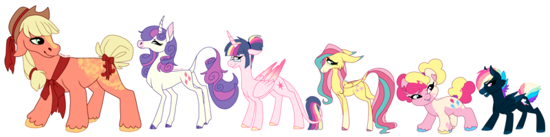 Size: 8000x2000 | Tagged: safe, artist:puppythekat (sofurry), derpibooru import, applejack, fluttershy, pinkie pie, rainbow dash, rarity, twilight sparkle, twilight sparkle (alicorn), alicorn, classical unicorn, earth pony, pegasus, pony, unicorn, alternate design, alternate universe, cloven hooves, colored hooves, dock, female, glasses, hair bun, hairband, hat, heterochromia, image, lanky, leonine tail, lidded eyes, line-up, looking back, mane six, mare, neckerchief, pigtails, png, redesign, reference sheet, short, simple background, smiling, tail, transparent background, twitterina design, unshorn fetlocks